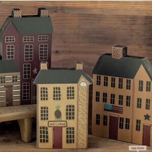 Primitive Country Wooden House Block Set Farmhouse Rustic Salt Box Home Decor